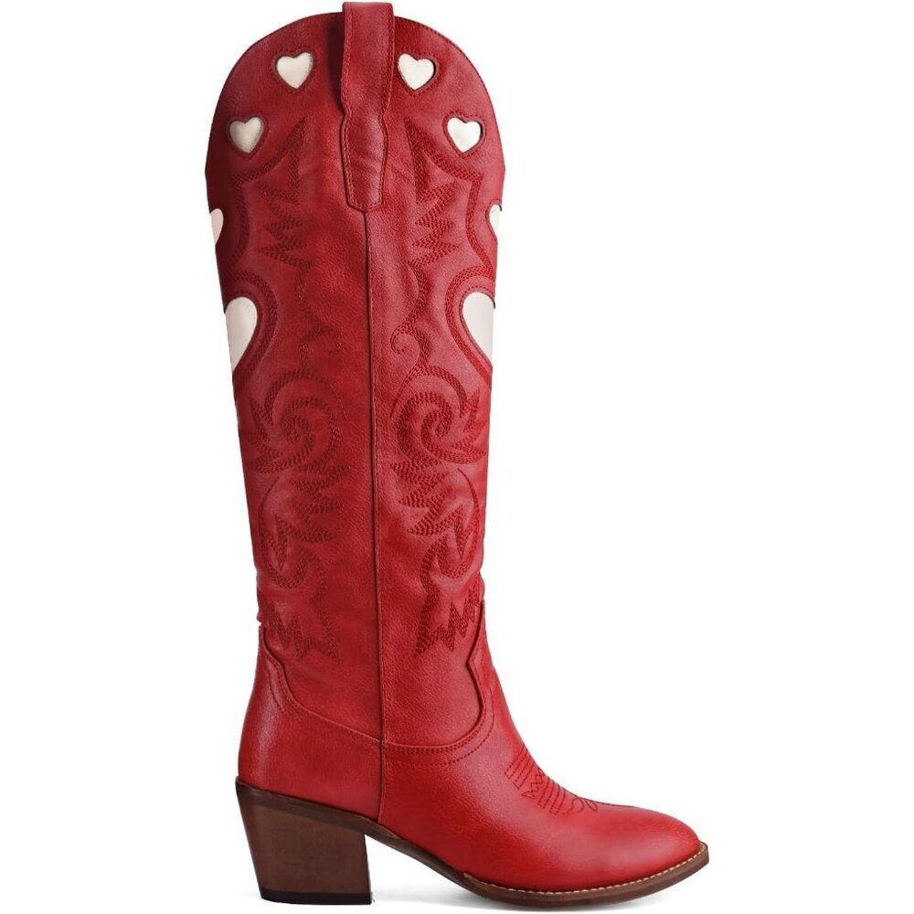 Women's Red Wide Calf Round Toe Chunky Stacked Heel Knee High Cowgirl Boot - Picture 8 of 9